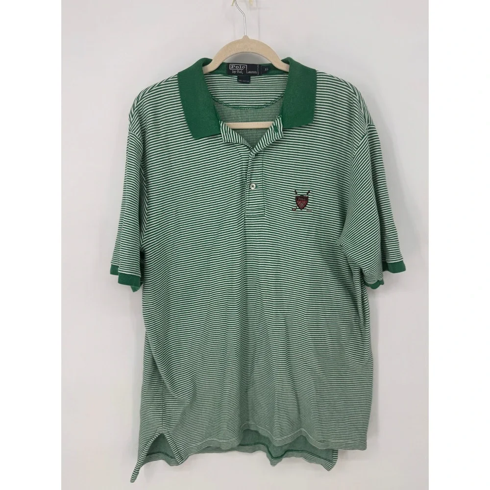 Polo Ralph Lauren Polo Shirt Mens XL Green Striped Golf Crest Cotton S/S Preppy